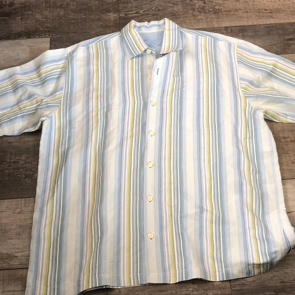 Tommy Bahama Pale Blue, White & Yellow Striped Short-Sleeve Button Shirt